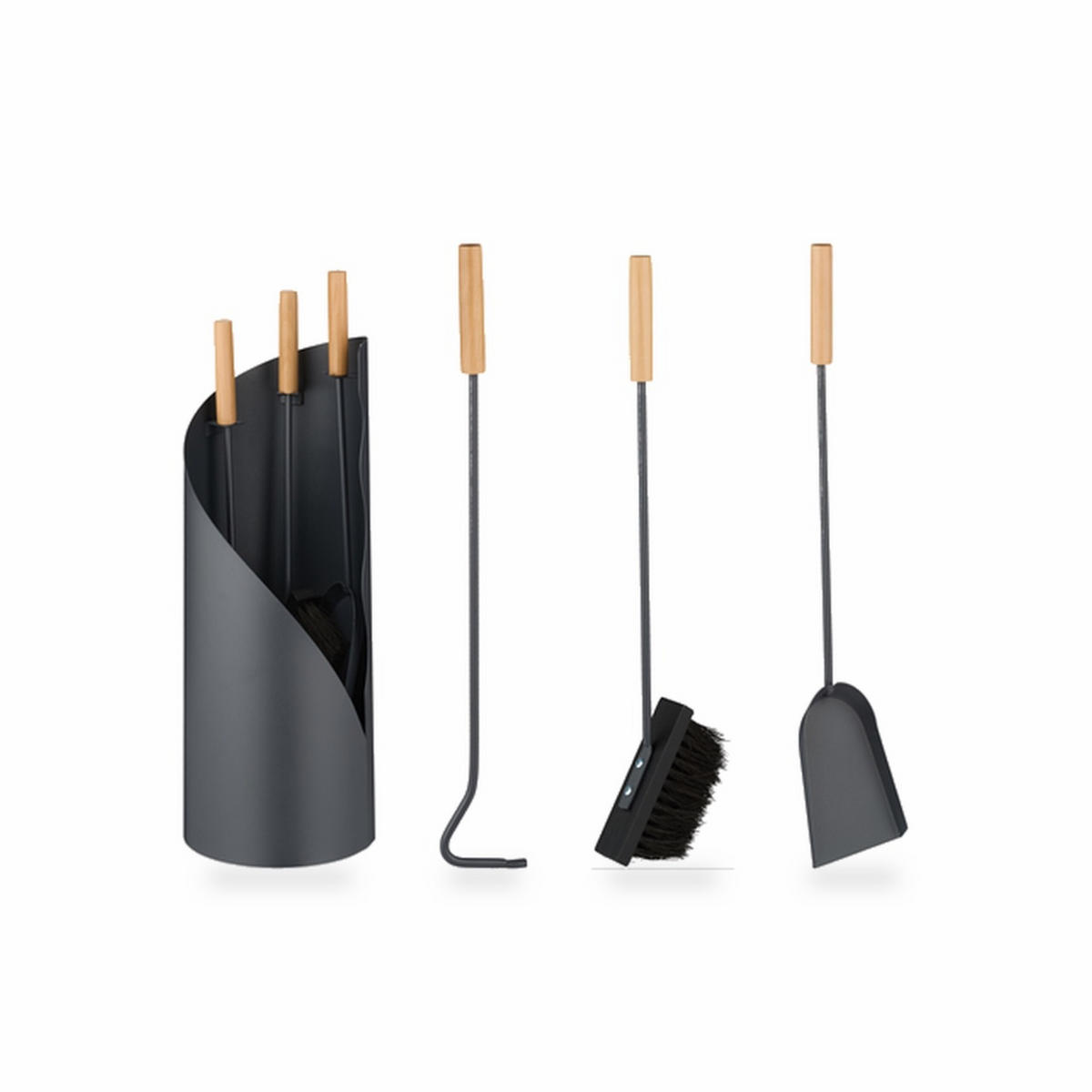 KAMINBESTECK Grau Natur 4-teiliges-Set mit Ständer - Grau, Holz/Metall (20/57/20cm) - Relaxdays