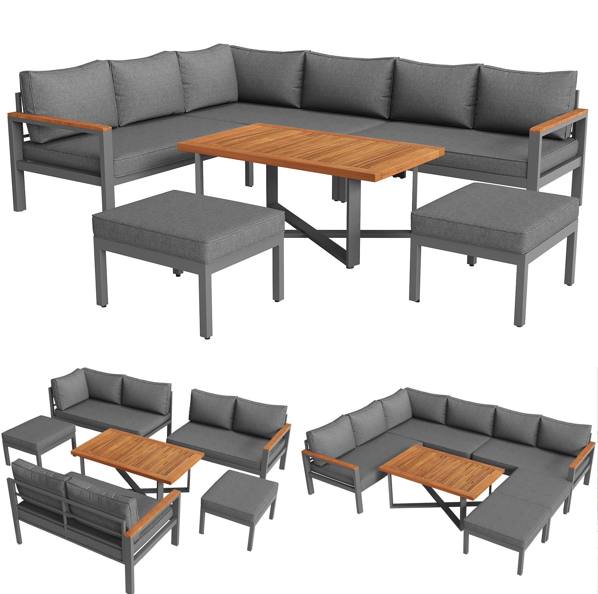 GARTENLOUNGE-SET 114/60/78,5 cm dunkelgrau aus Metall und Polyester mit Tisch - Grau, Metall - OKWISH
