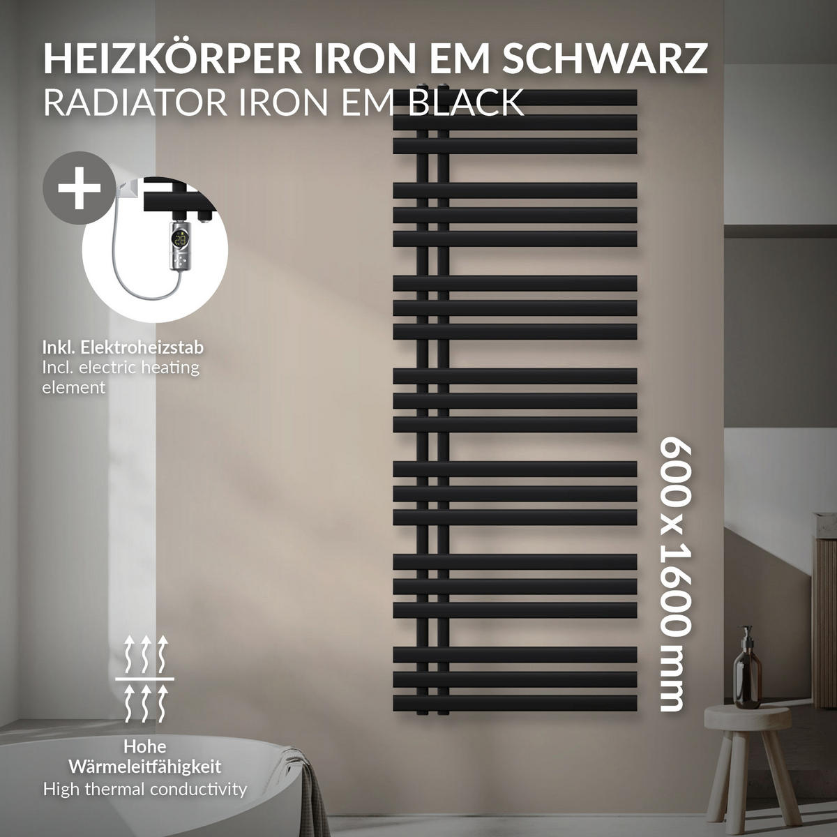 ELEKTRICKÝ koupelnový radiátor Iron EM 600 x 1600 mm, černý, s topným tělesem 1200 W, digitální ovládání - černá, kov (60/160/3cm) - LuxeBath
