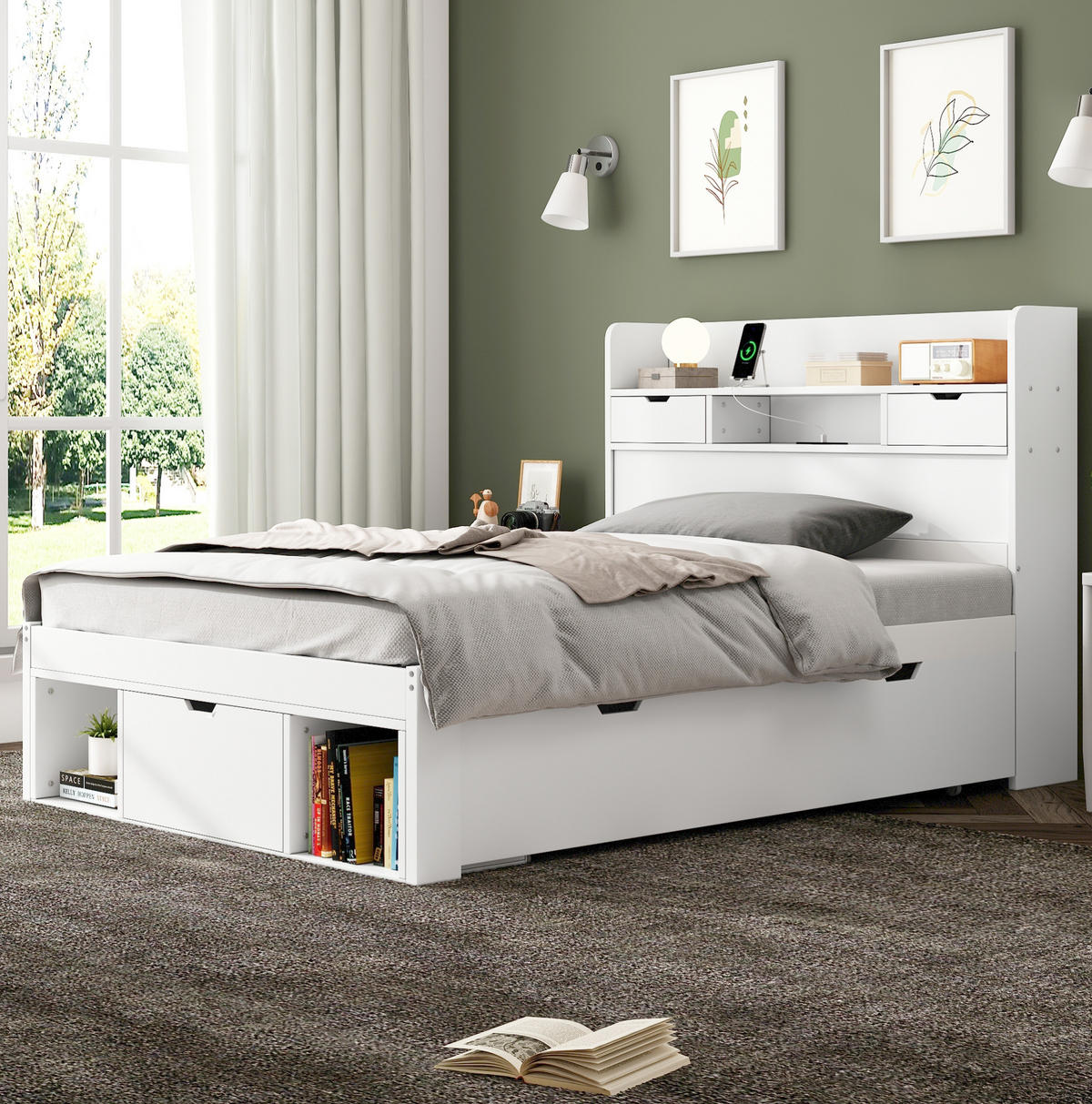 DETSKÁ posteľ 90/190 cm biela s USB, zásuvkami a úložným priestorom z MDF - biela, kompozitné drevo (90/190cm) - OKWISH