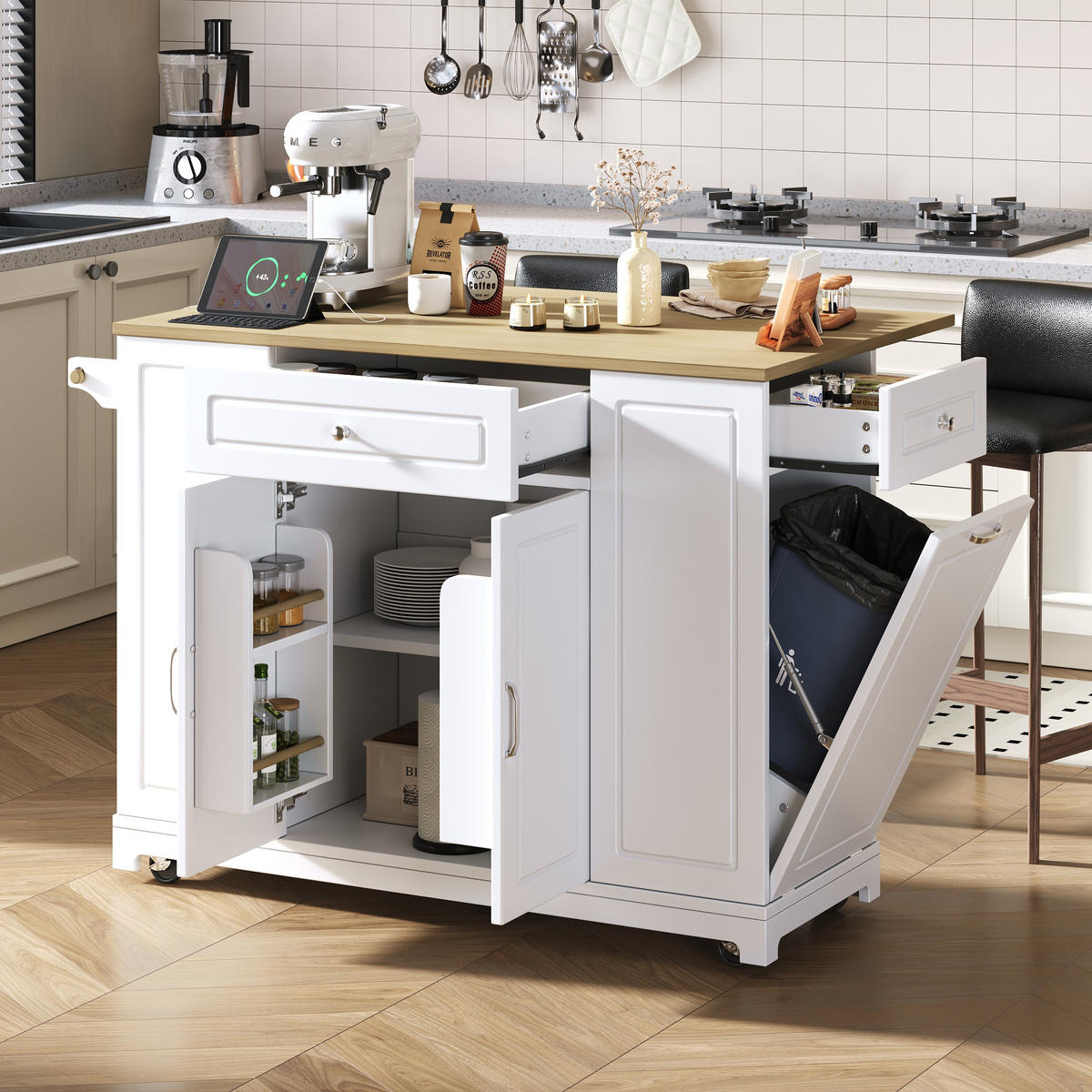 KÜCHENINSEL Mobile (132 cm) in Weiß/Natur mit Mülleimer-Auszug - Weiß, Holzwerkstoff (131.8/93.3/40cm) - Urban Meuble