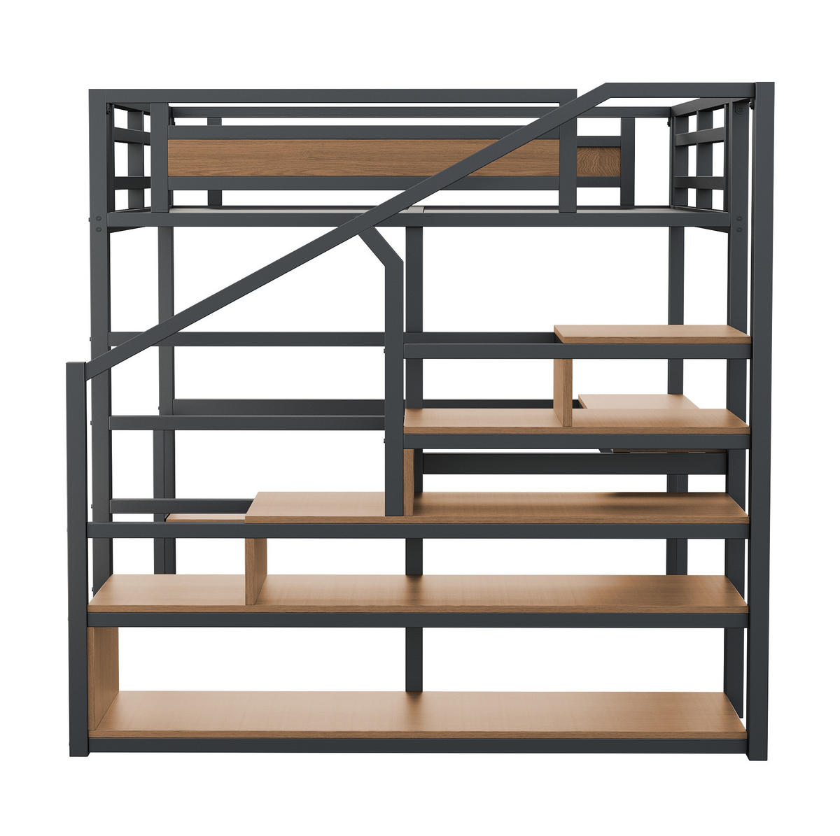 HOCHBETT mit Schreibtisch 140/200 cm in Schwarz – mit Regalen und Aufbewahrungstreppe - Schwarz, Metall (140/200cm) - BEAOK