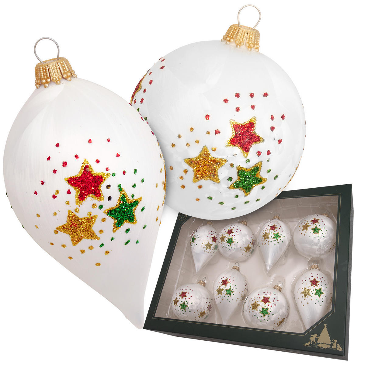 CHRISTBAUMKUGELN Buntes Sternendekor Weiß 10cm (Glas / 8 Stk.) - Weiß, Glas (6/7/6cm) - Krebs Glas Lauscha