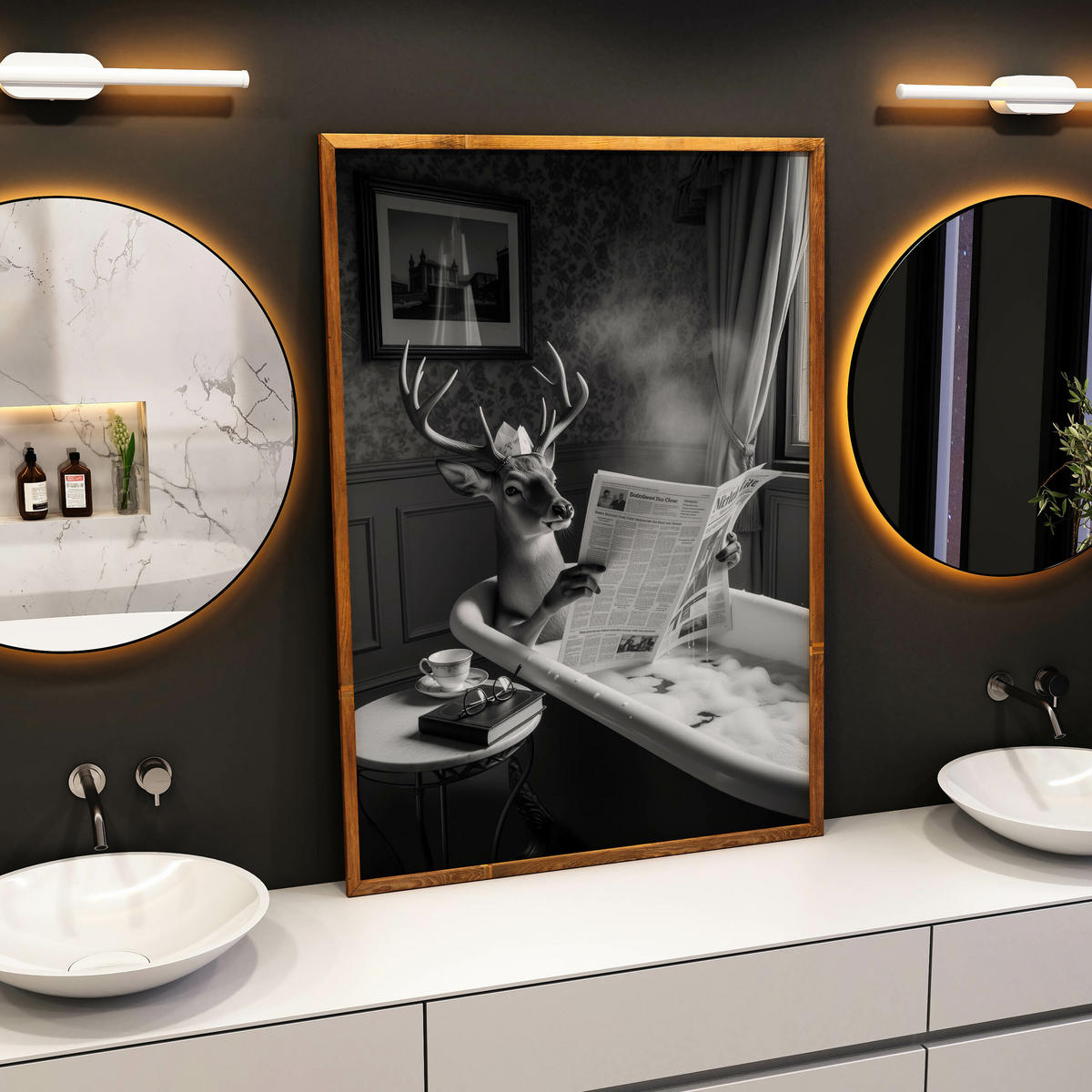 POSTER für Badezimmer WC Rehe HIRSCH in Badewanne Zeitung Abstraktion 30x40cm - Schwarz/Weiß, Papier (30/40/1cm) - Muralo