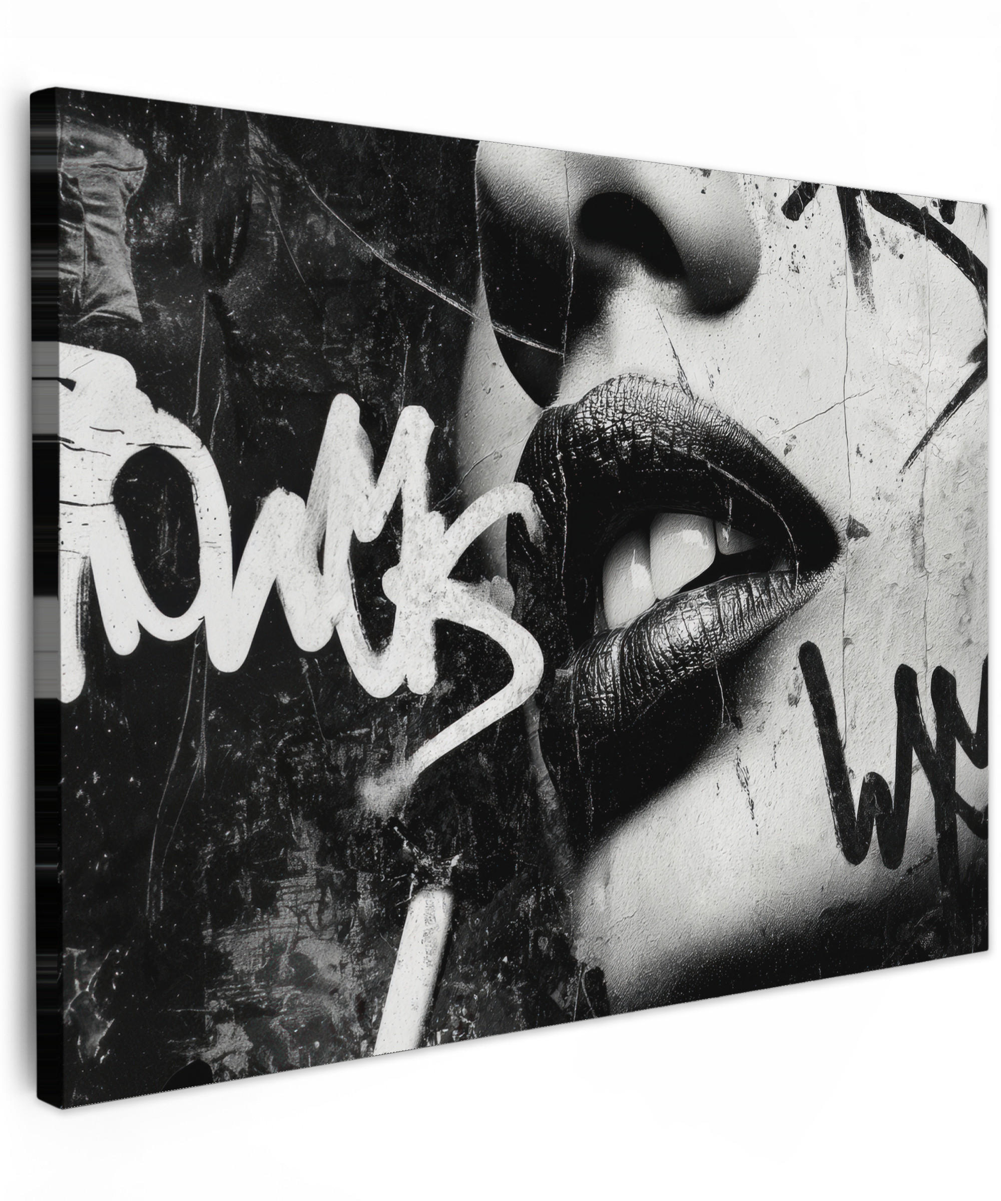 LEINWANDBILD Gesicht - Mund - Graffiti - Schwarz Wandbilder 80x60 cm - Schwarz, Textil (80/60cm) - MuchoWow