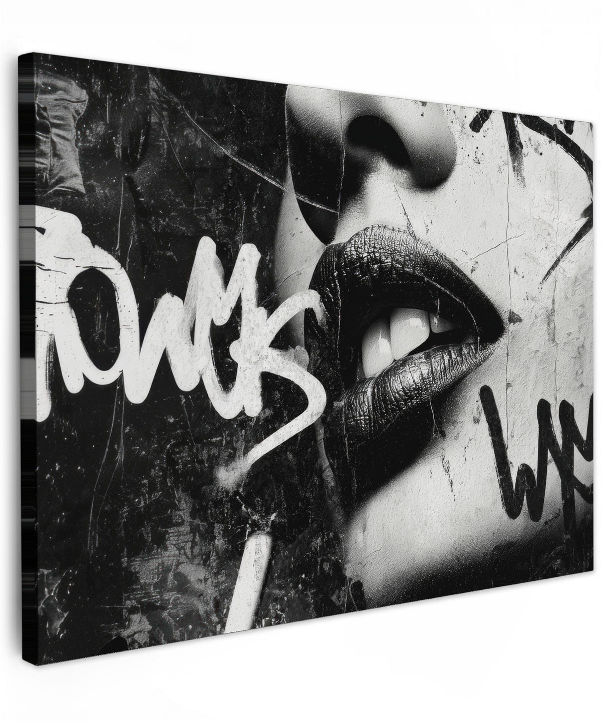 LEINWANDBILD Gesicht - Mund - Graffiti - Schwarz Wandbilder 80x60 cm - Schwarz, Textil (80/60cm) - MuchoWow