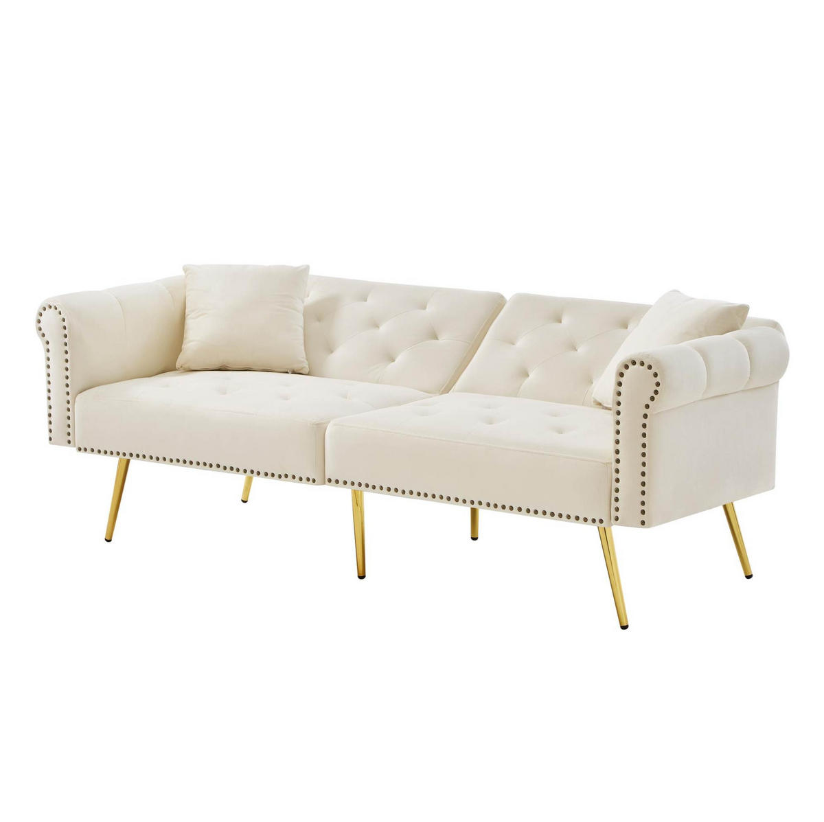 ROZKLÁDACÍ pohovka 147/85 cm béžová ze sametu s nastavitelnou opěrkou a zlatými nohami - béžová, plast (173/70/75cm) - OKWISH