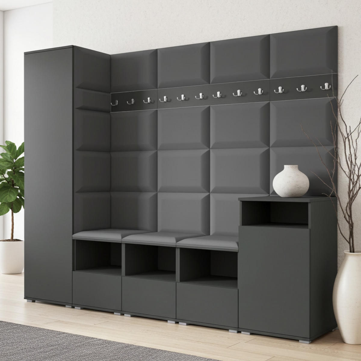 GARDEROBE NELA XI 250 cm (Modulare Flurmöbel Graphit mit Sitzpolster Dunkelgrau 15 Großes Set) - Dunkelgrau/Silberfarben, Holz/Holzwerkstoff (250/187/40cm) - Ravio