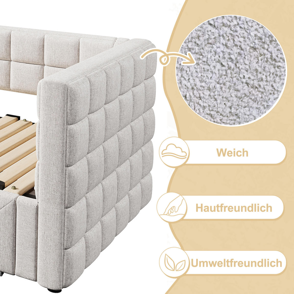 TAGESBETT 90/200 cm aus Samt, ausziehbar mit 2 Schubladen und quadratischer Rückenlehne, Beige - Beige, Textil (90/200cm) - Redom