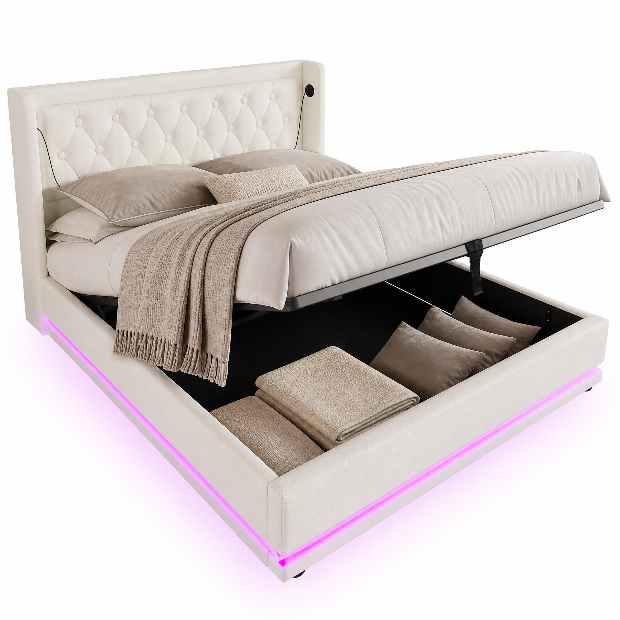 ČALÚNENÁ POSTEĽ 160/200 cm biela s úložným priestorom, LED, USB a Type-C - biela, kov/kompozitné drevo (160/200cm) - STILVORA
