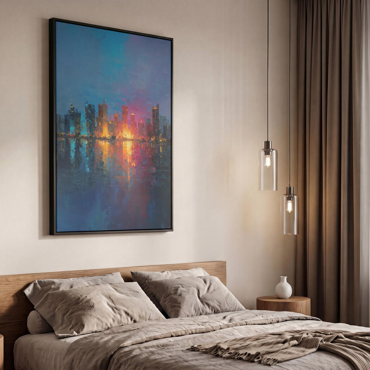 LEINWAND Bilder mit Rahmen - Skyline - Pinselstriche - Dunkelblau - Leuchtend - 60x90 - Blau, Textil (60/90cm) - MuchoWow