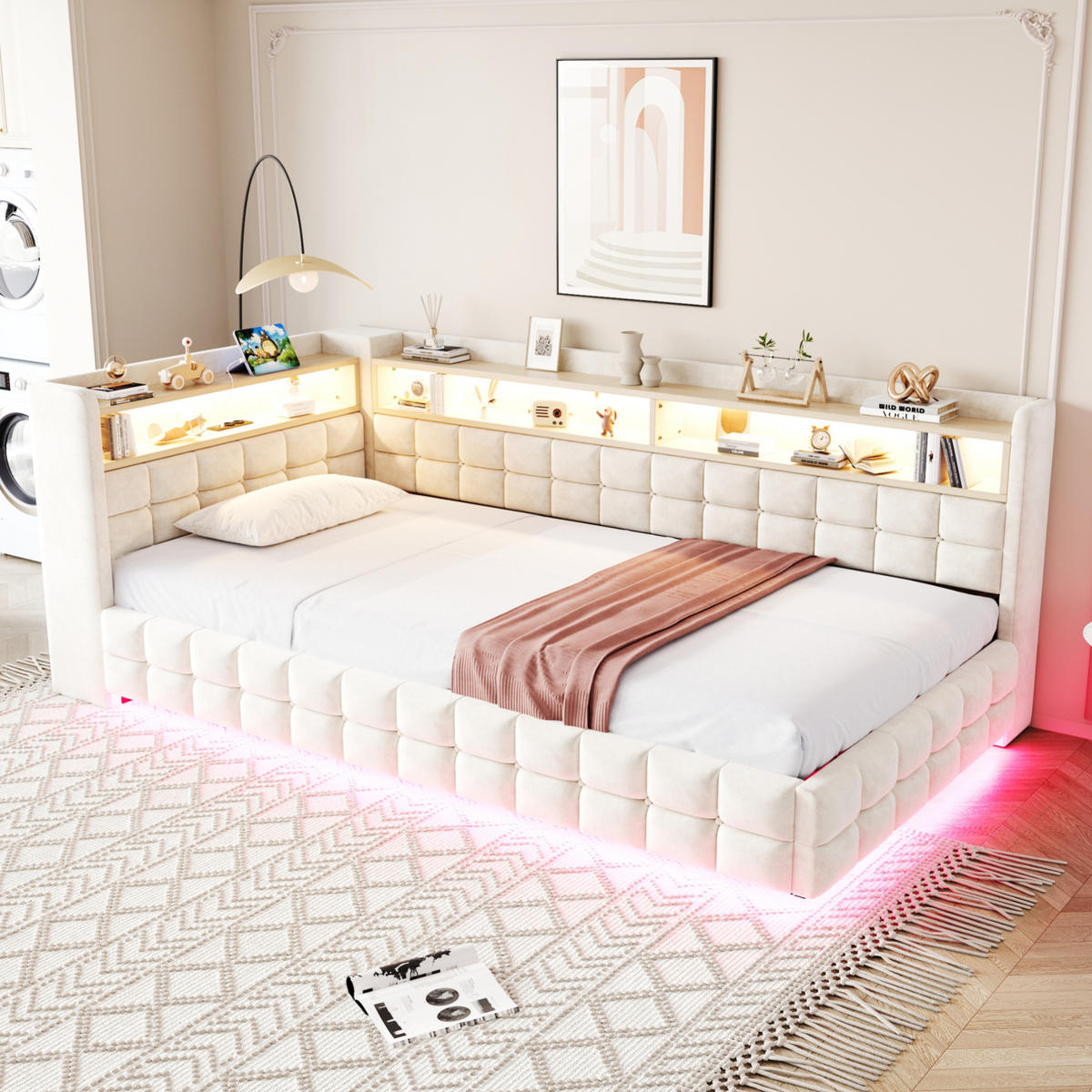 POLSTERBETT 90/200 cm in Beige mit Stauraum, LED-Beleuchtung und USB/Type-C - Beige, Textil (90/200cm) - Flora Grace