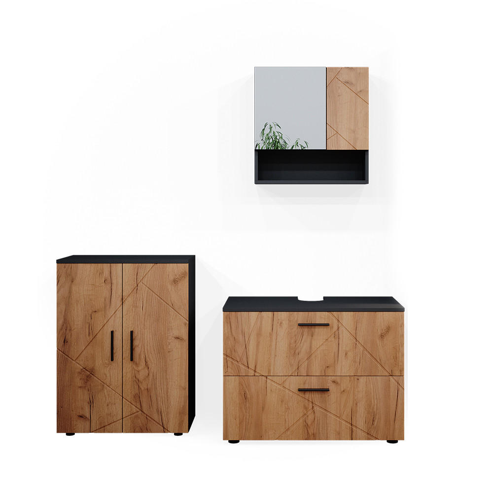 BADRUMSMÖBELSET Irma Goldkraft ek/antracit 3 delar, med underskåp 80 cm Honungsek, Antracit 58/80/41 cm