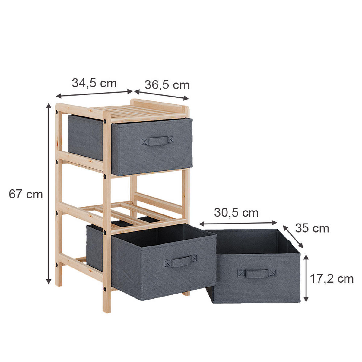KOMMODE Bruno Grau 34.5 x 67 cm mit 3 Stoffschubladen - Naturfarben/Grau, Holzwerkstoff (34.5/67/36.5cm) - Vicco