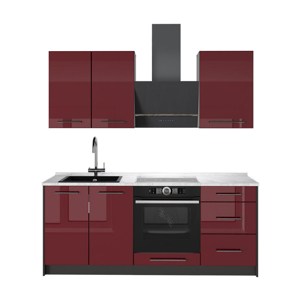 SINGLEKÜCHE Fame-Line, Bordeaux Hochglanz/Anthrazit, 190 cm, AP Marmor - Bordeaux/Anthrazit, Holzwerkstoff (190/82/60cm) - Vicco
