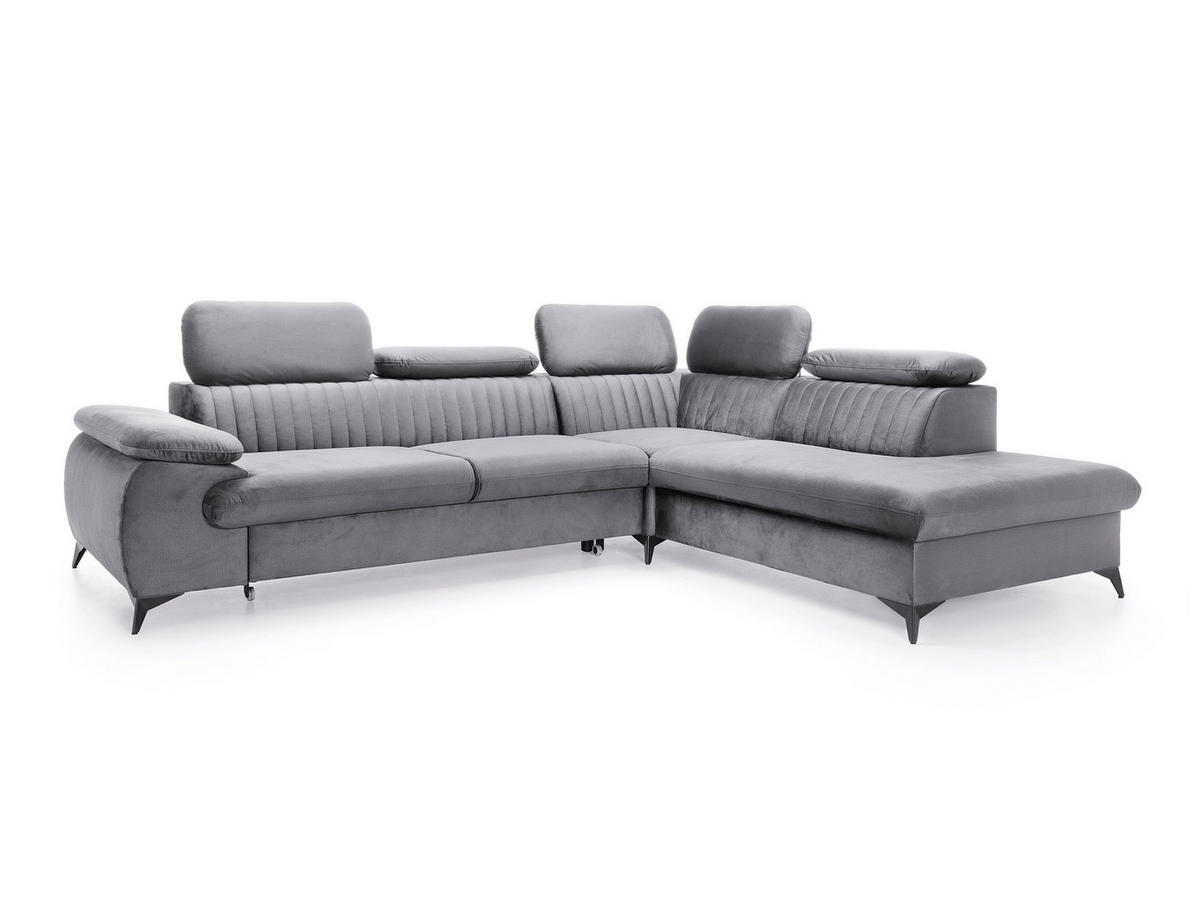 ECKSOFA FIORE Grau Velours-Stoff mit Schlaffunktion - Grau, Holz (275/221cm) - MASSENO