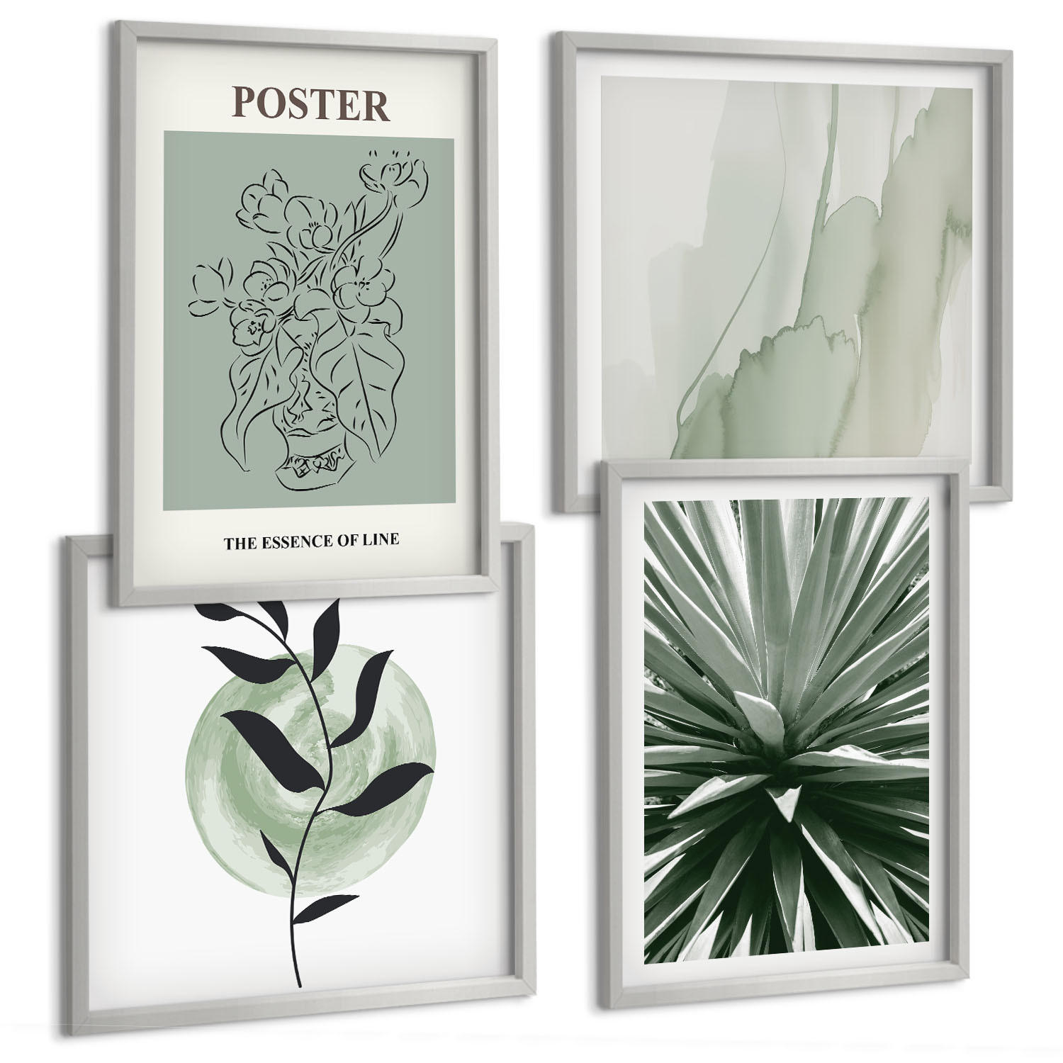 BILDER SET 4er Set - 50x50 cm & 40x60 cm Silberner Rahmen - Grün-beige Pflanzenmuster - Silberfarben, Kunststoff (50/50cm) - TULUP