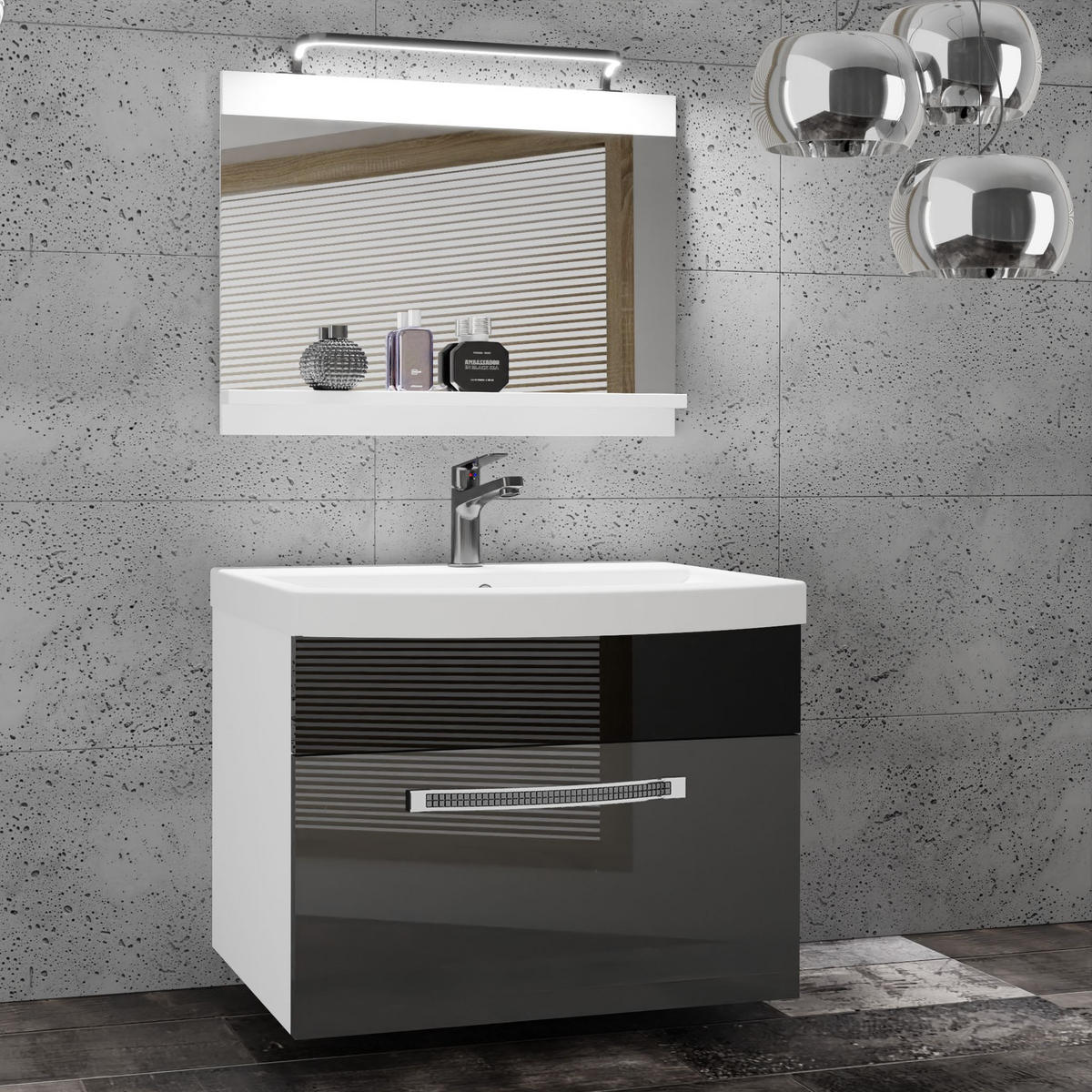 BADMÖBEL Badezimmer Silber/ Schwarz, Glänzend - Silberfarben/Schwarz, Holz (60/51/40cm) - B BELINI GROUP