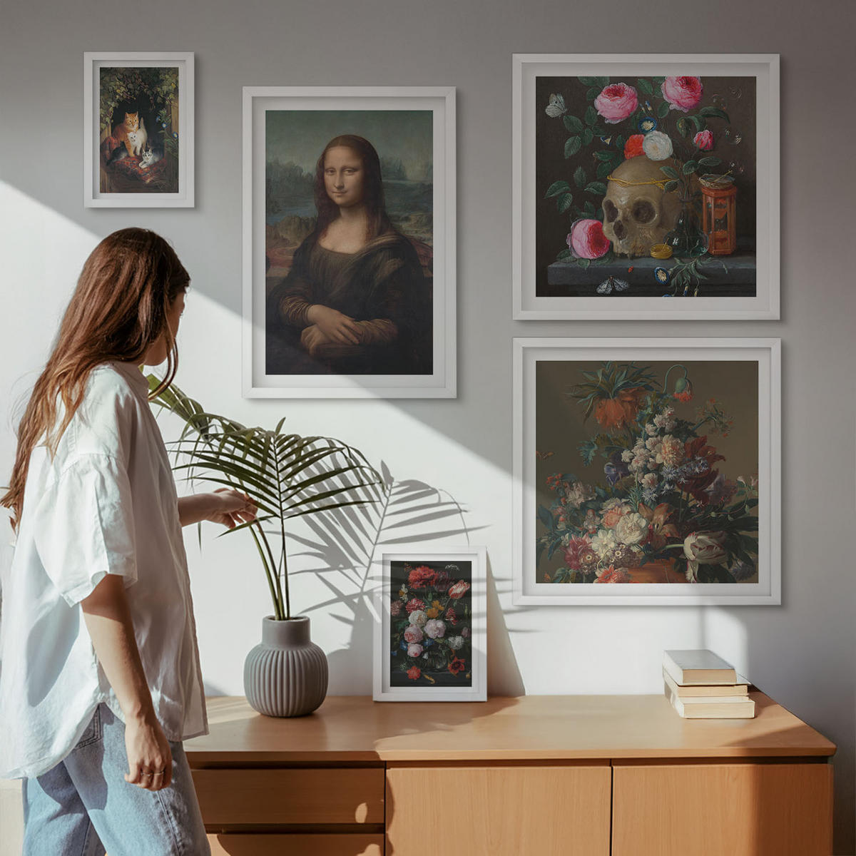 WANDBILDER 5er-Set - 50x50 cm & 20x30 cm & 40x60 cm Weißer Rahmen - Vintage Blumen Totenkopf Mona Lisa - Weiß, Kunststoff (40/60cm) - ArtPrintCave