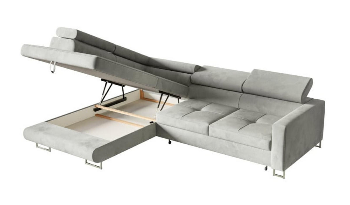 ECKSOFA Silber MERY L Mit Verstellbaren Kopfstützen Auf Silbernen Beinen - Grau, Textil (250/200cm) - Sepro Meble