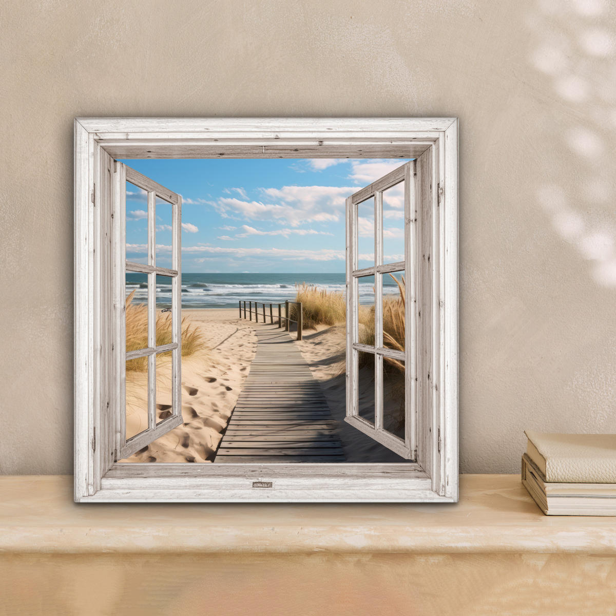 LEINWANDBILD Fenster - Meer - Küste - Natur - Ausblick - Strand - Wattenmeer Deko Wohnzimmer 20x20 cm - Beige, Textil (20/20cm) - MuchoWow