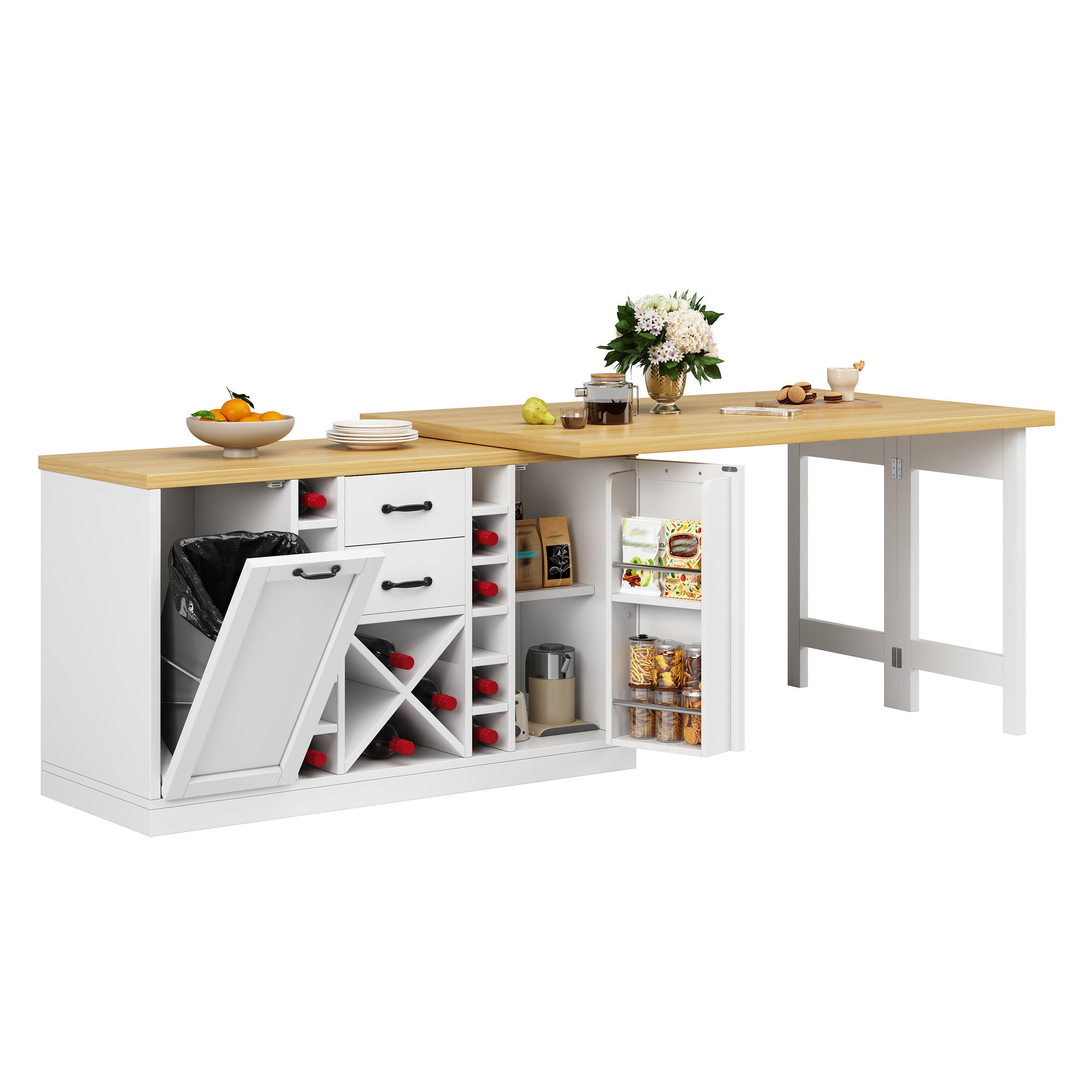 KÜCHENINSEL-ESSTISCH Weiß 120–223×40×73,8 cm mit 360° drehbarer Tischplatte, Weinregal und Mülleimerhalter aus Holzwerkstoff und Metall - Weiß, Holzwerkstoff (120/73.8/40cm) - Luhomfu