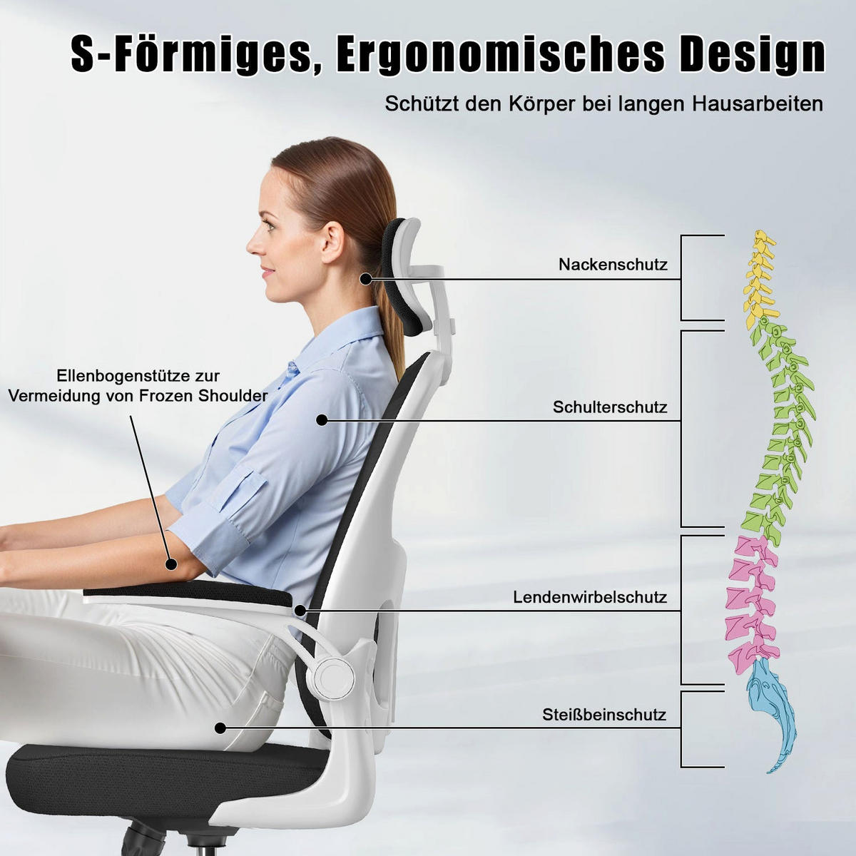 BÜROSTUHL ergonomisch, höhenverstellbar, klappbare Armlehnen, Kopfstütze – Weiß - Weiß, Metall (50.5/134/52cm) - Rattantree