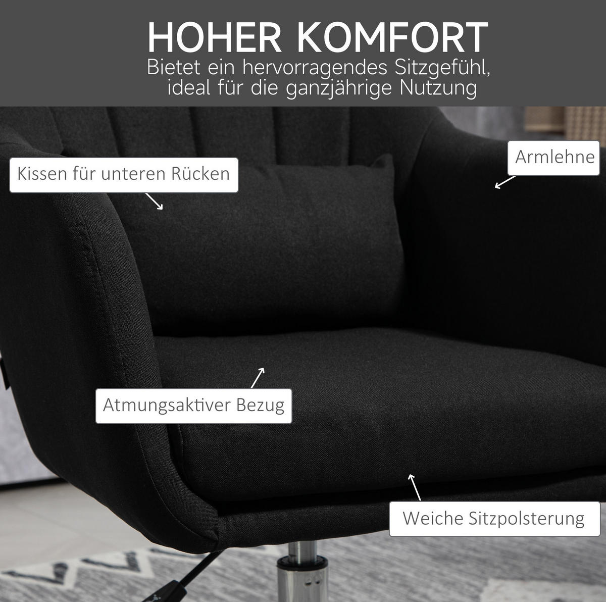 DREHSTUHL 60/79-91/60 cm Schwarz aus Polyester höhenverstellbar - Schwarz, Textil (60/91/60cm) - OKMYHOME