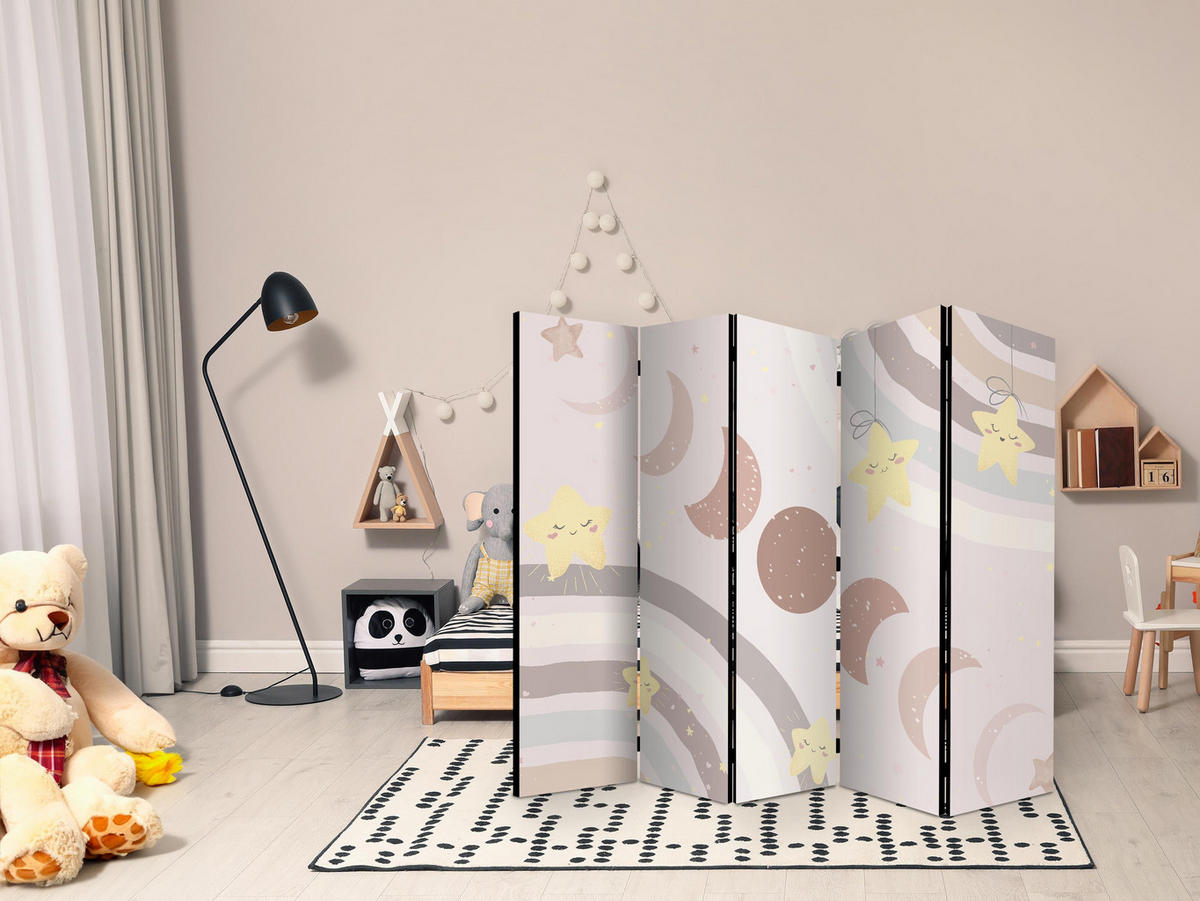 PARAVENT Einseitig Bedruckter 5-tlg 225x172 cm Sterne Mond Kinder - Multicolor, Holz/Textil (225/172/3cm) - Muralo
