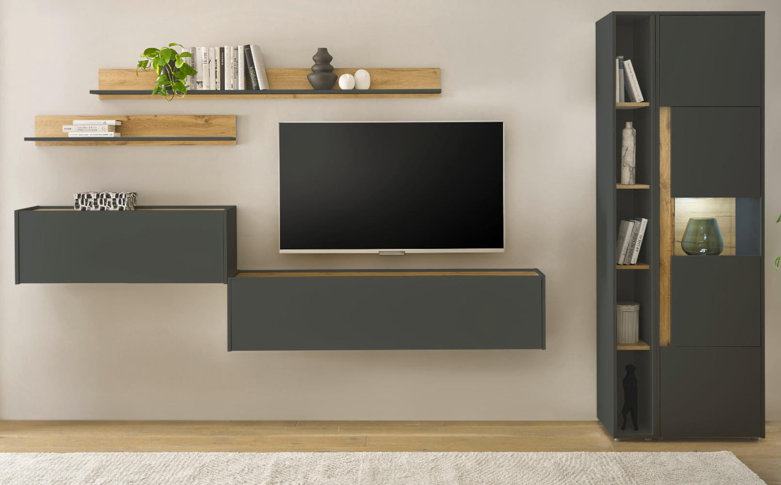 WOHNWAND mit Sekretär grau matt, Eiche Wotan 340 cm, Wohnkombination 6-teilig - Eiche Wotan/Grau, Holzwerkstoff/Kunststoff (340/200/40cm) - Furn.Design