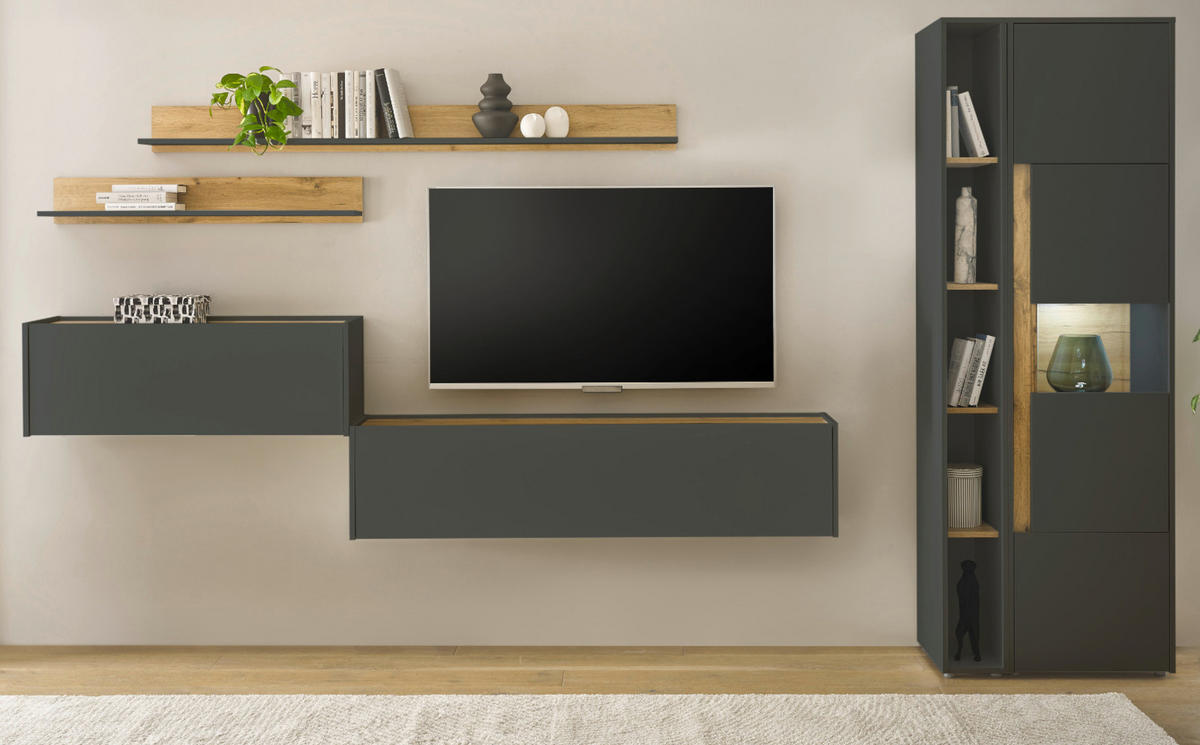 WOHNWAND mit Sekretär grau matt, Eiche Wotan 340 cm, Wohnkombination 6-teilig - Eiche Wotan/Grau, Holzwerkstoff/Kunststoff (340/200/40cm) - Furn.Design