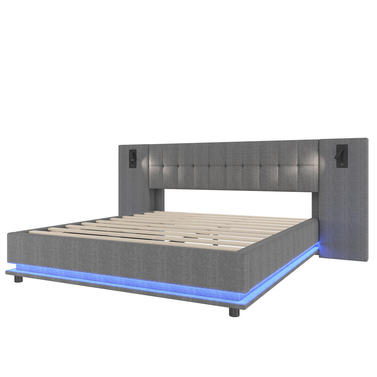 ČALÚNENÁ posteľ z ľanu 180x200 cm sivá s LED osvetlením, USB portom, bodovým svetlom a bez matraca - sivá, textil (180/200cm) - Modfu