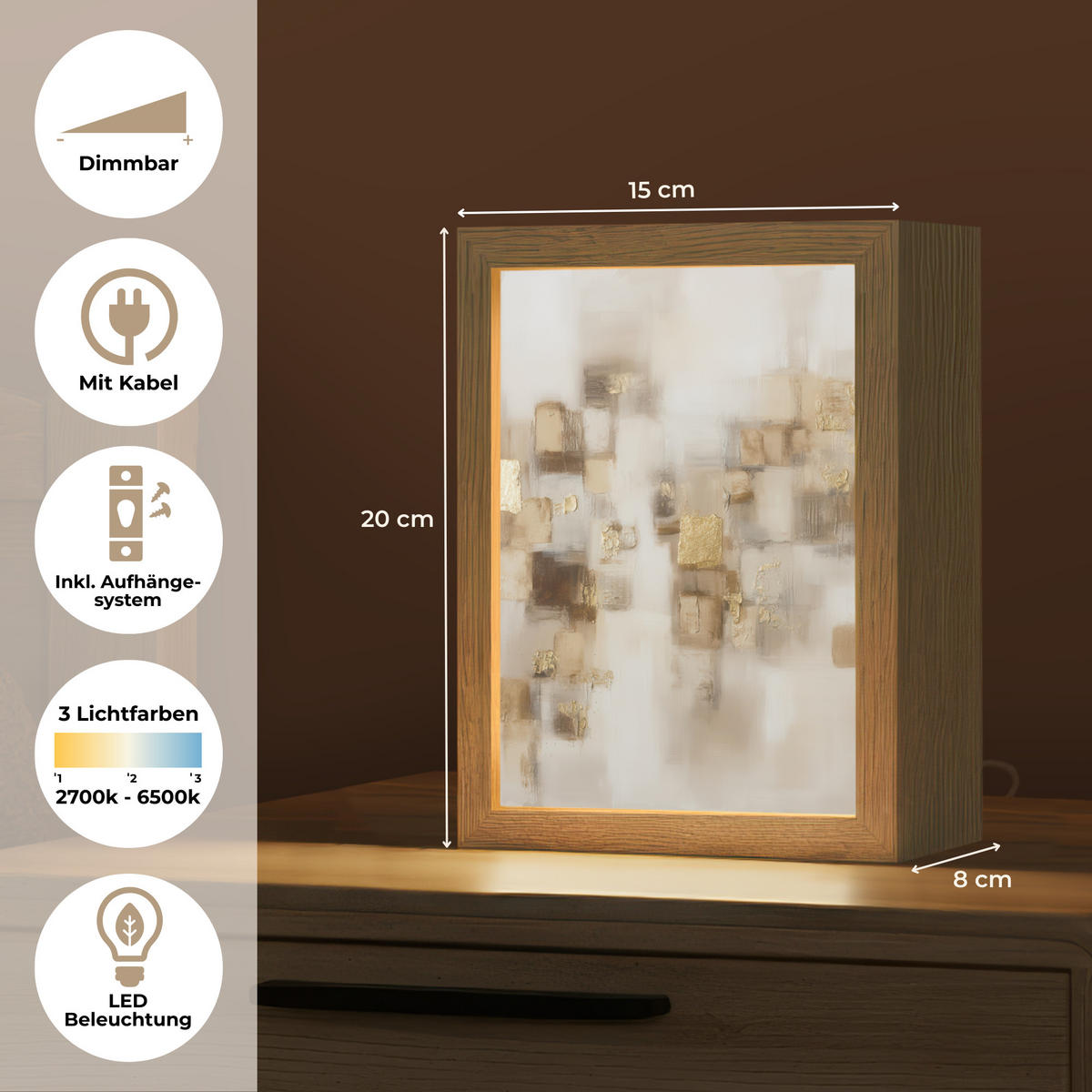 STOLNÍ LAMPA Abstraktní čtverce - zemité tóny - mlhavé 15x20 cm - barva hrušně, kompozitní dřevo (8/15/20cm) - OnlyWow
