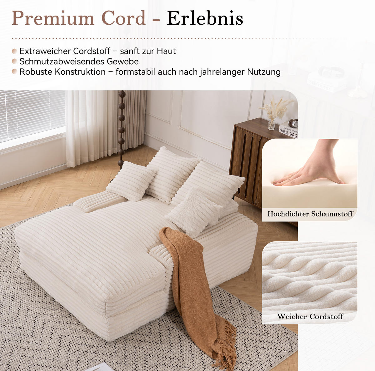RELAXLIEGE Cord 135x165 cm Beige mit 4 Kissen - Beige, Kunststoff (135/58/165cm) - Beauniv