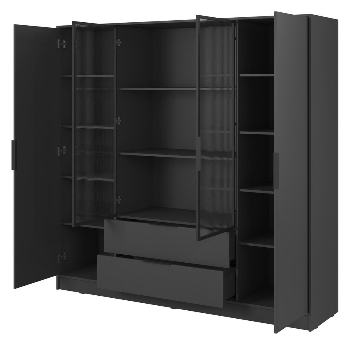 SCHRANK 206 cm mit Glas Kalma, Schubladen, 4 Türen, Graphite - Graphitfarben, Holz (206/200/51cm) - Emporius