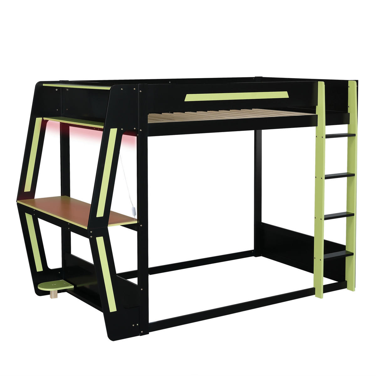 GAMING-HOCHBETT aus Kiefernholz und MDF 120x200 cm Schwarz-Grün mit Schreibtisch, LED und Stauraum - Schwarz, Holz (120/200cm) - Modfu