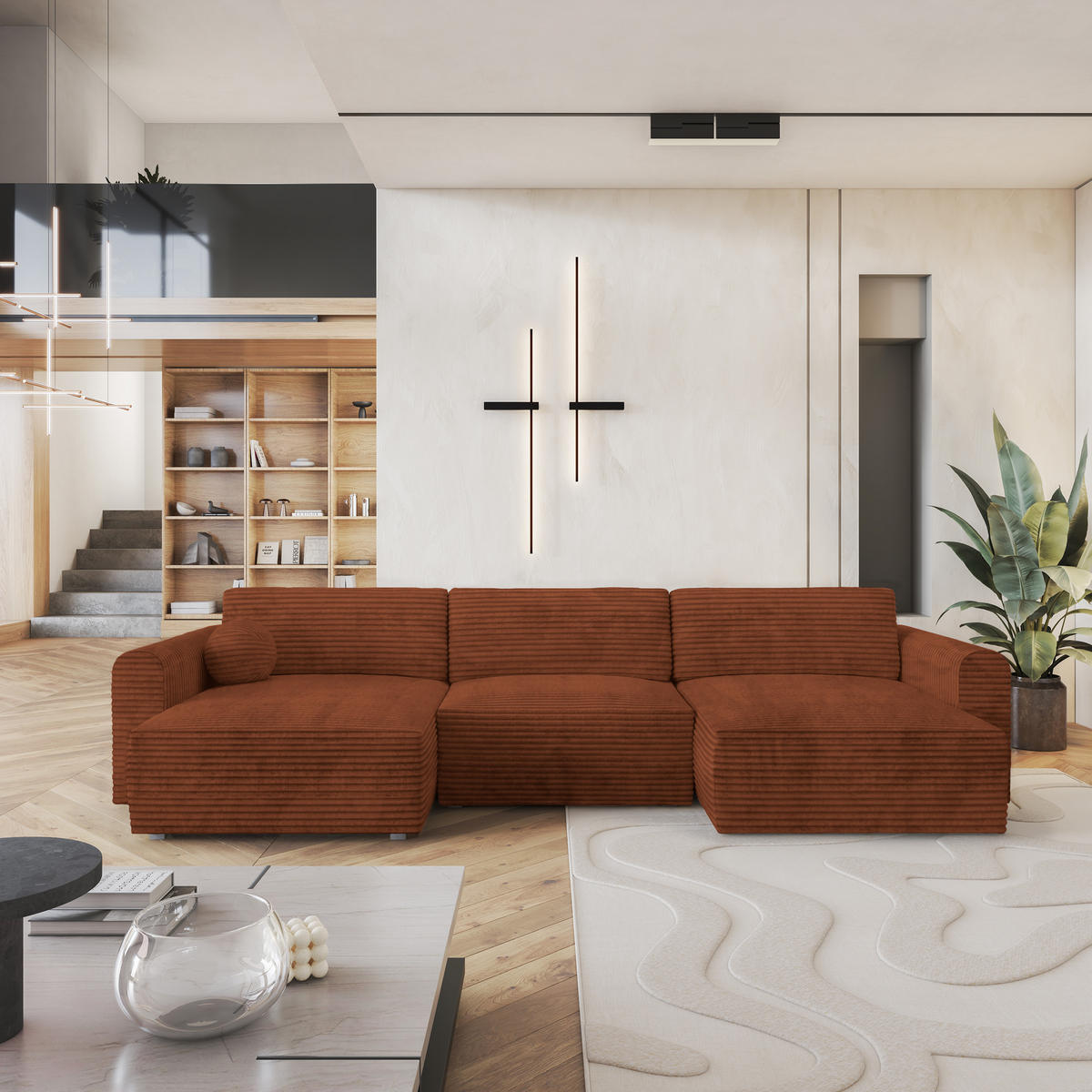 ROHOVÁ SEDAČKA FENTO hnědá - šedá/hnědá, dřevo/textil (347/148cm) - MASSENO