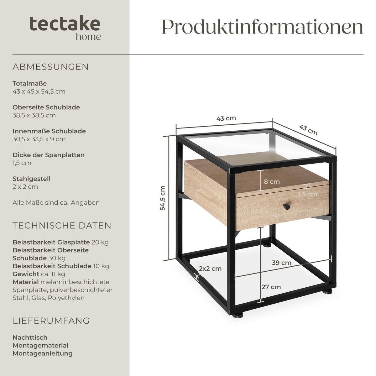 NACHTSCHRANK Preston, 43 x 45 x 54,5 cm, Industrial Holz hell, Eiche Sonoma - Naturfarben, Holzwerkstoff (43/54.5/45cm) - tectake