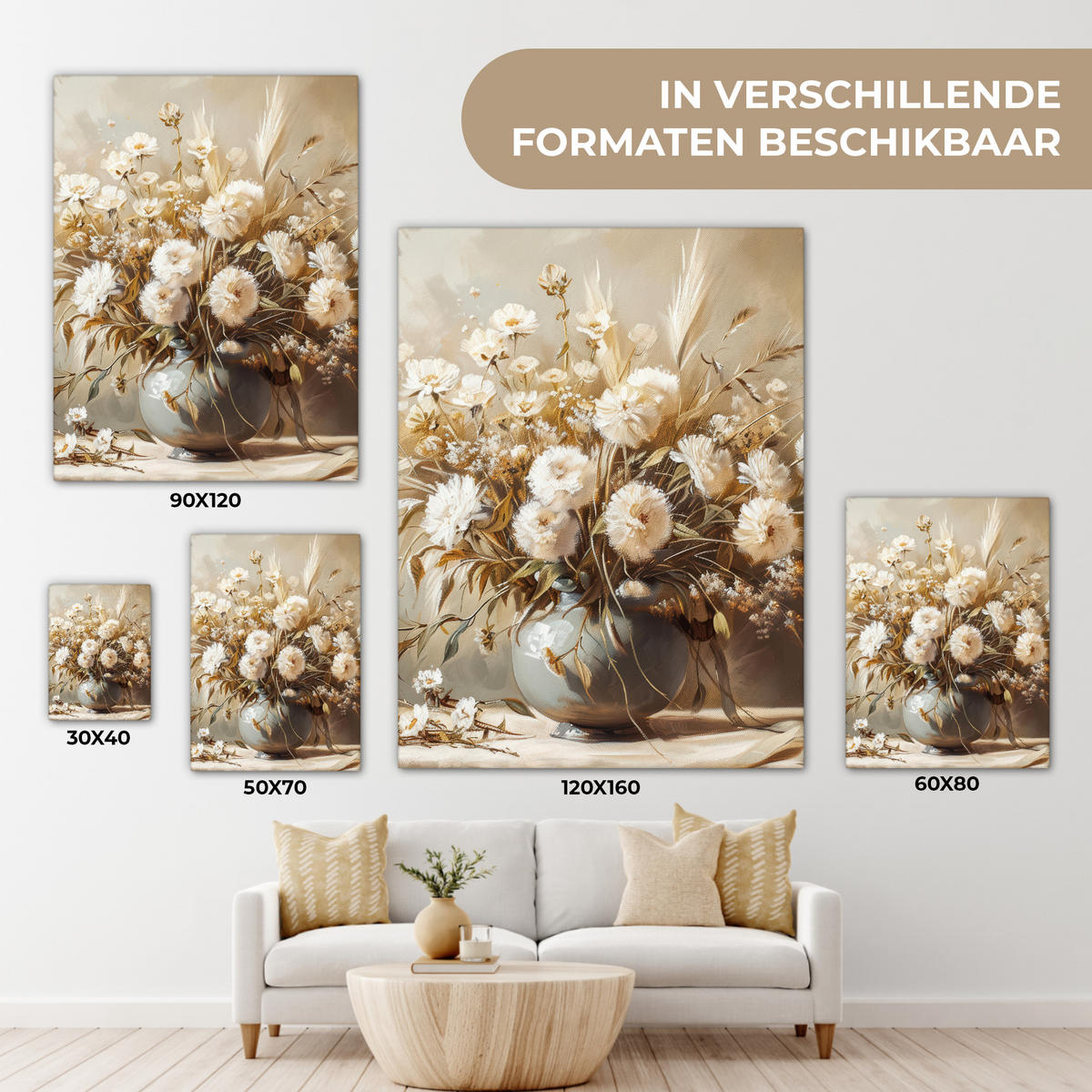 LEINWANDBILD Blumen - Vase - Stilleben - Beige 30x40 cm - Creme, Textil (30/40cm) - MuchoWow