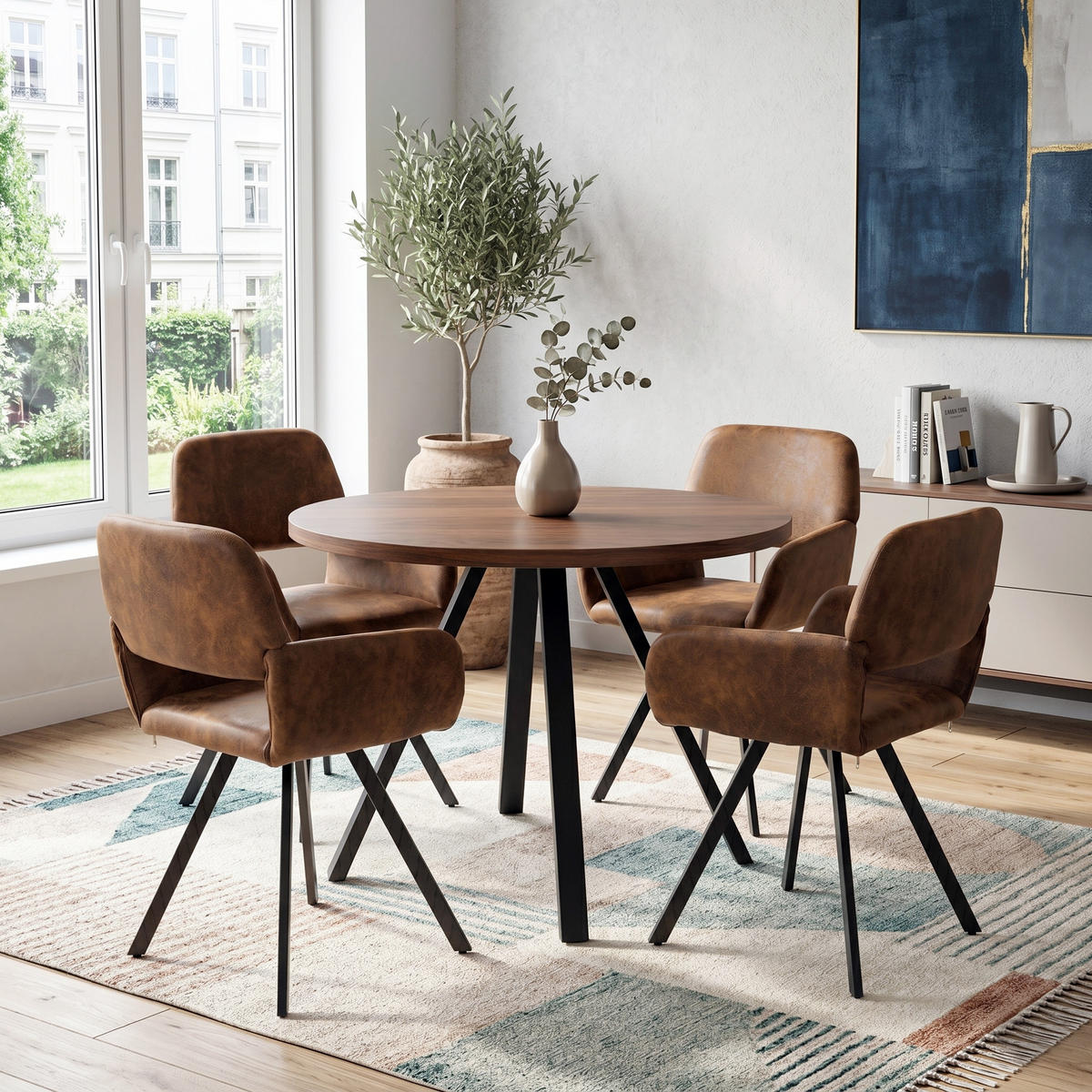 ESSTISCH-SET 1+4, runder Tisch in Walnuss-Optik mit 4 Esszimmerstühlen - Walnussfarben/Schwarz, Holzwerkstoff (80/75/80cm) - Urban Meuble