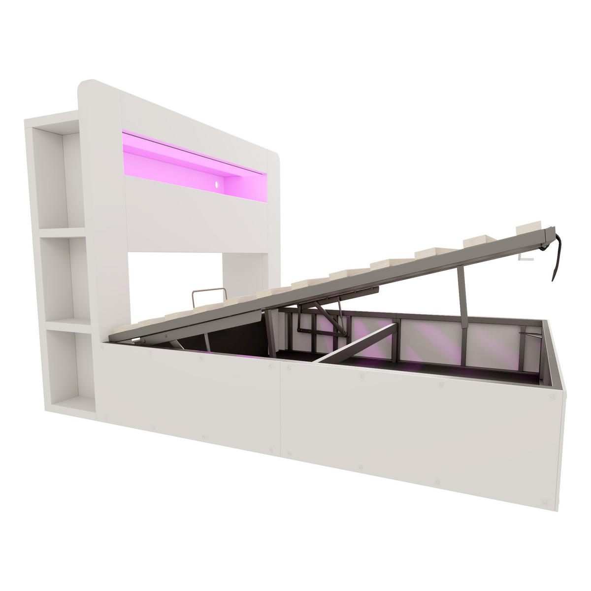 POLSTERBETT 140/200 cm Weiß mit Hydraulische Aufbewahrungsfunktion und LED-Kopfteil - Weiß, Holz (140/200cm) - Oxeza