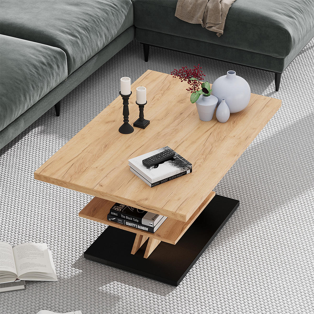 COUCHTISCH Arivo Eiche/Schwarz 90 x 60 cm mit Ablage - Eichefarben/Schwarz, Holzwerkstoff (60/90/45cm) - Vicco