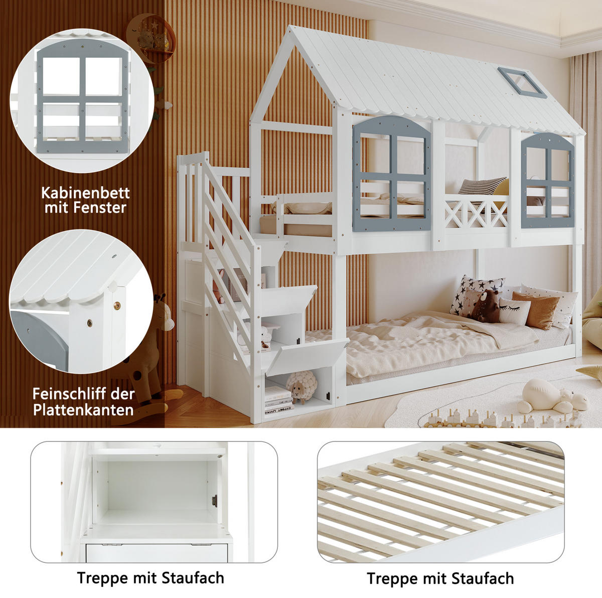 POSCHODOVÁ posteľ 90/200 cm bielo-sivá s domčekom, schodmi a úložným priestorom z borovice a MDF - biela, kompozitné drevo (90/200cm) - OKWISH