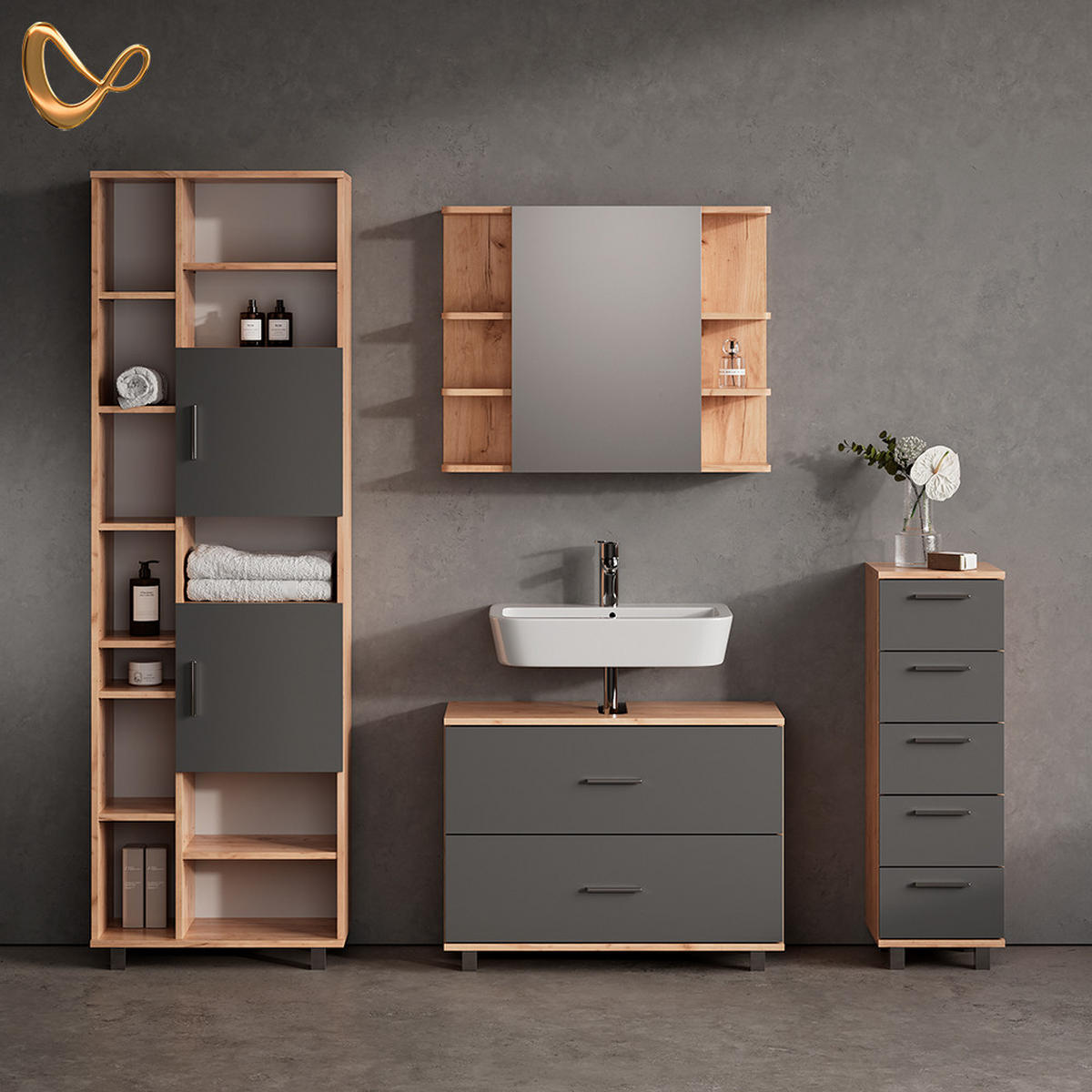 BADMÖBEL-SET Eisak Eiche 4 Teile, mit Hochschrank - Eichefarben/Anthrazit, Holzwerkstoff (80/60/33cm) - Livinity®