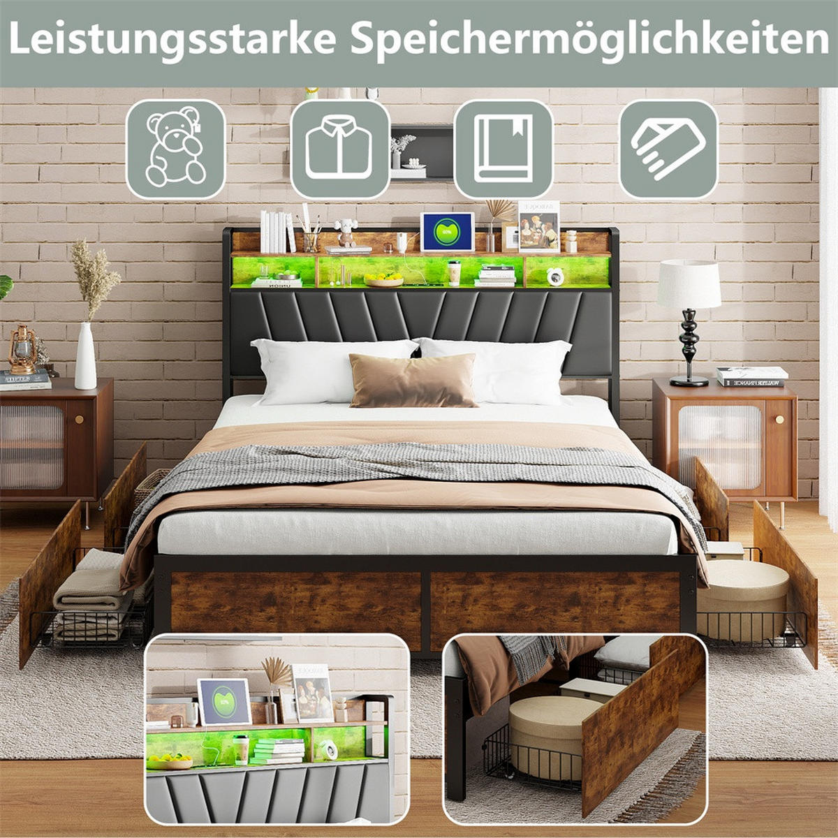 DOPPELBETT 160x200 cm - Metallbett mit 2-stufigem Regalkopfteil - 4 Schubladen und LED-Beleuchtung - ohne Matratze - Schwarz - Schwarz, Metall (160/200cm) - DELFA