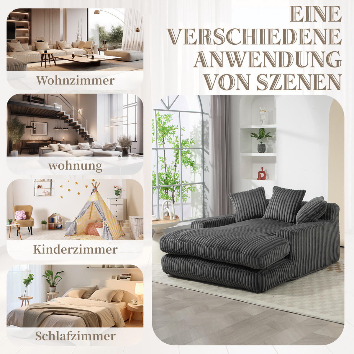 BIGSOFA 125/155/63 cm in Cord Dunkelgrau mit Chaiselongue - Dunkelgrau, Textil (63/125/155cm) - BEAOK