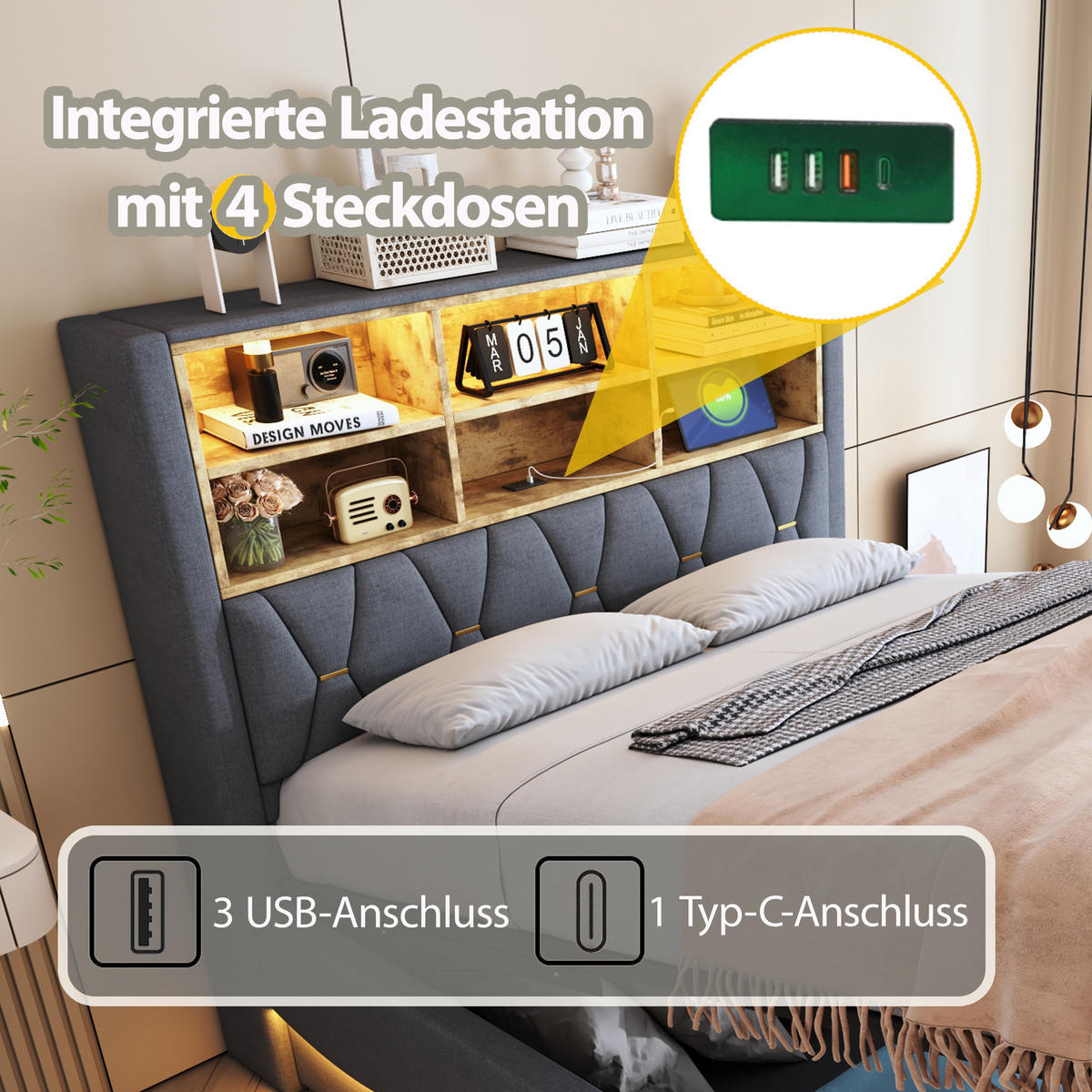 POLSTERBETT 140/200 cm in Grau Leinen mit Bettkasten, LED und USB - Grau, Holzwerkstoff/Textil (140/200cm) - WISHDOR