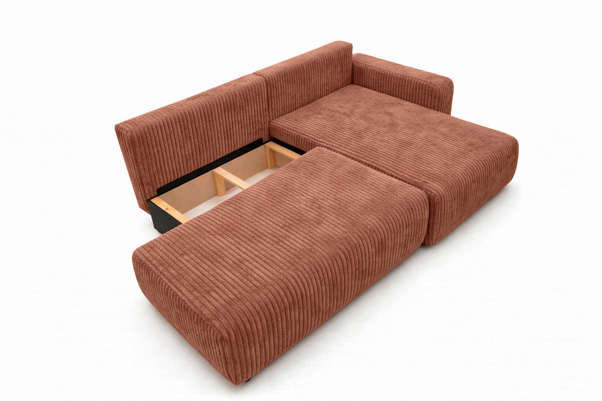 ECKSOFA Mit Schlaffunktion Und Bettkasten, Cordstoff Tilia, Kupfer, Rechts, OPEN XL - Orange, Holz (262/145cm) - Kaiser Möbel