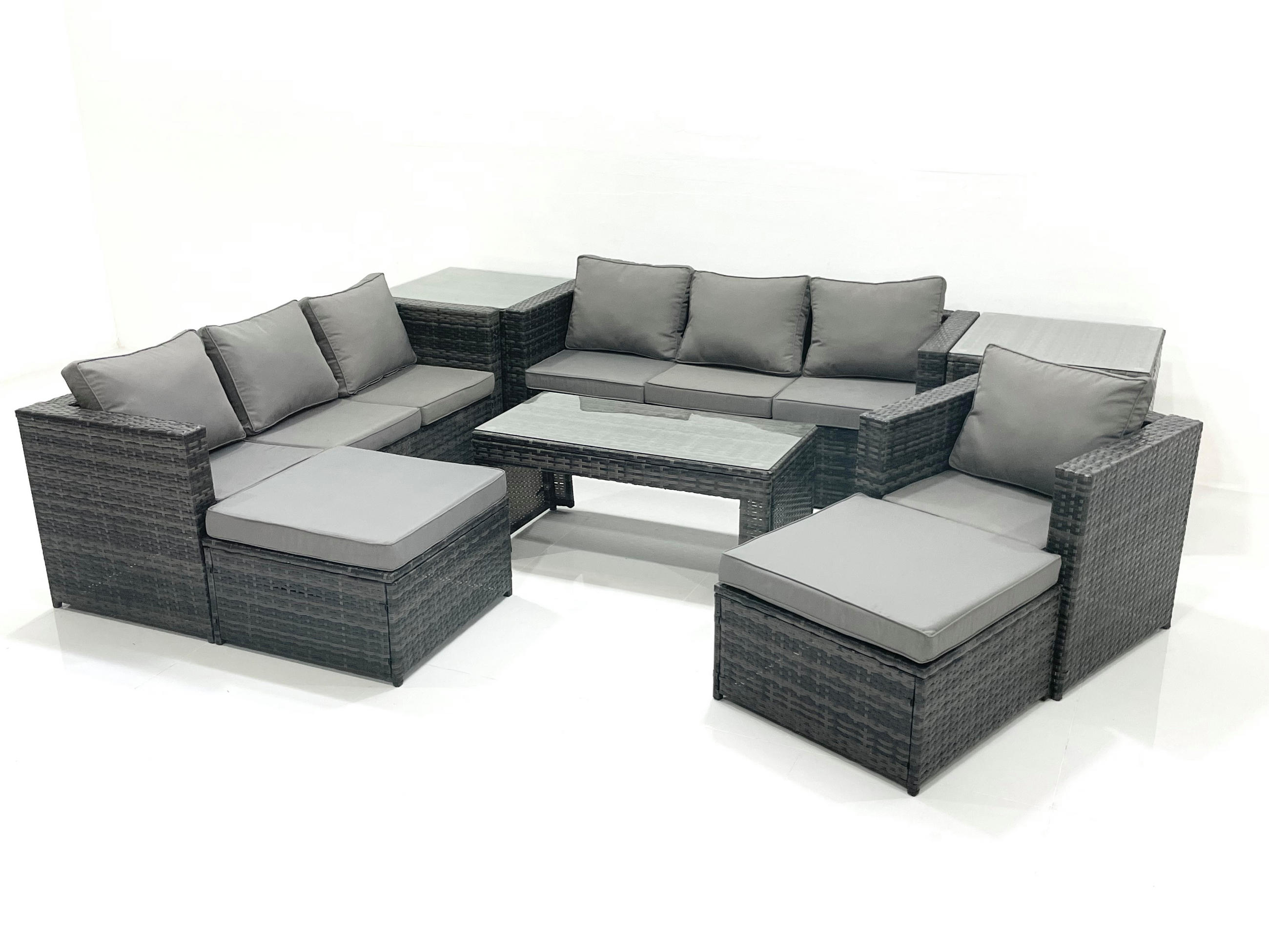 GARTENMÖBEL-SET COUCHTISCH SESSEL SOFA mit HOCKER Polyrattan Dunkelgrau Gemischt 9-Sitzer - Dunkelgrau/Grau, Glas/Kunststoff - Fimous