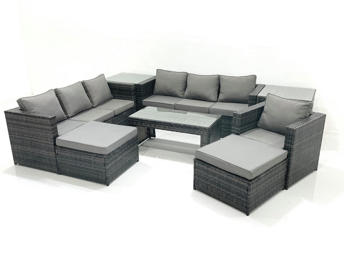 GARTENMÖBEL-SET COUCHTISCH SESSEL SOFA mit HOCKER Polyrattan Dunkelgrau Gemischt 9-Sitzer - Dunkelgrau/Grau, Glas/Kunststoff - Fimous